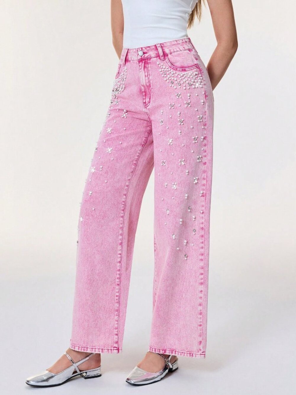 Pink Casual Women's Faux Pearl Decor Pocket Wide Leg Loose Fit Jeans